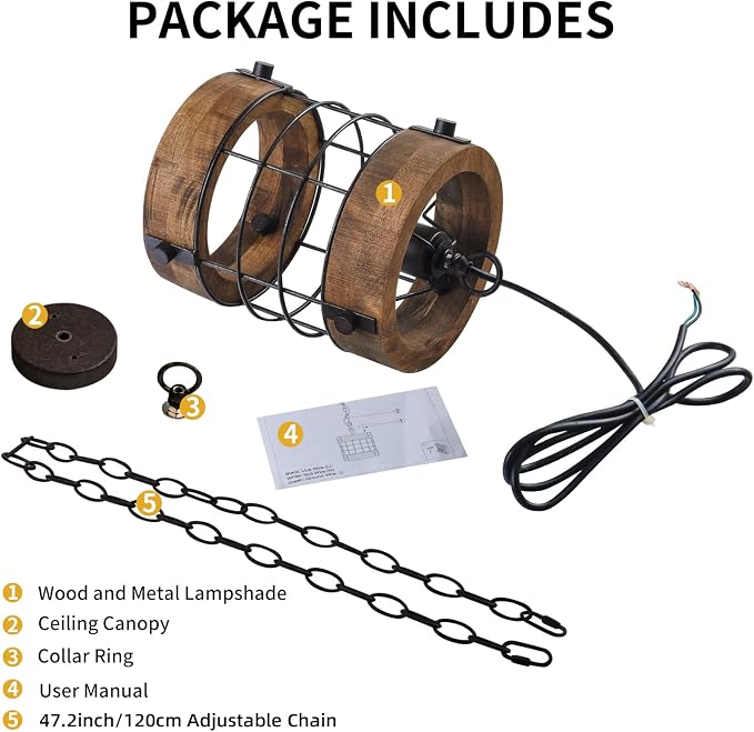 Retro Industrial Metal and Wood Chandelier 1-Light Round Cage Pendant Light Fixture for Kitchen Island Foyer Hallway Bar Dining Room Restaurant, D 7.9" x H 8.7" (Brown)