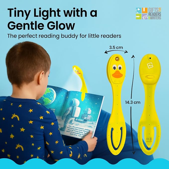 Gifts for Readers & Writers Book Light, Clip On Reading Light for Bed, 2in1 Flexilight & Bookmark, Small & Lightweight with a Soft Glow, 2 Batteries Included, Duck