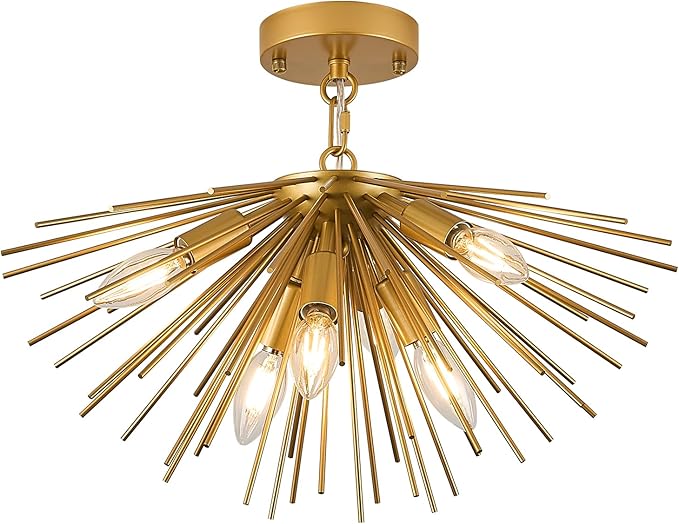 Gold Sputnik Ceiling Light Fixture 6-Light Starburst Chandelier Ceiling Light Mid-Century Modern Satellite Chandelier Solid Metal Urchin Chandeliers for Entry Dining Room Kitchen Sink