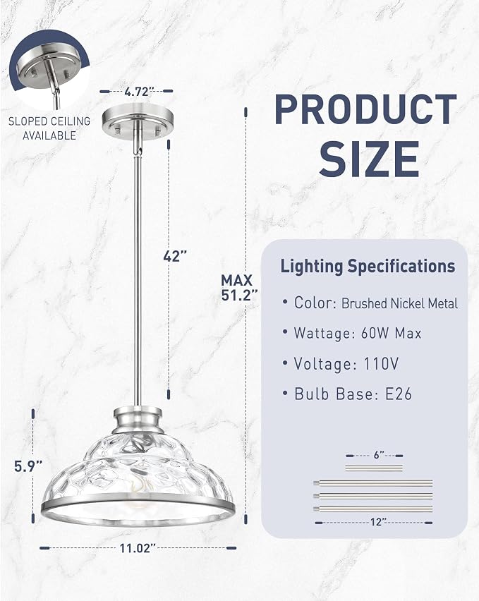 kudos 11 Inch Brushed Nickel Pendant Lights with Hammered Glass,KDPL14-BN-H | E26 Bulb Base, Hardwired, Farmhouse Styling, Adjustable Hanging Rods for Flat or Sloped Ceilings, for Kitchen Bars