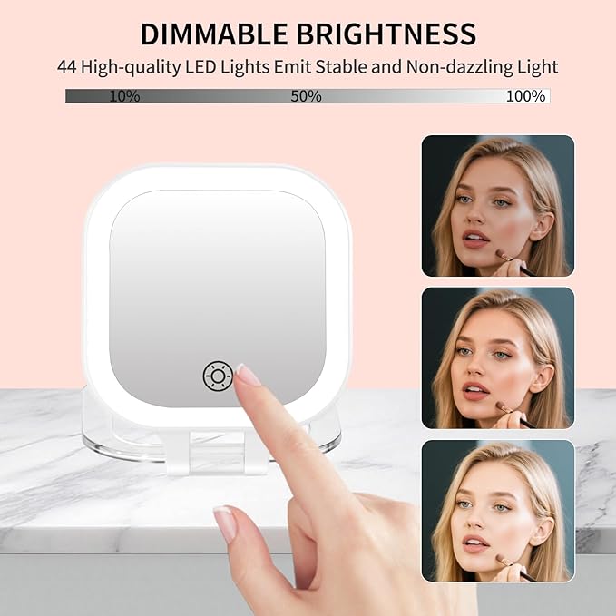 FUNTOUCH Rechargeable Travel Makeup Mirror, 20X/1X Magnifying Double Sided Makeup Mirror, Lighted Portable Vanity Mirror,3 Colors Lighting & Stepless Dimming,with Tweezers & Bag,Gift for Women,White
