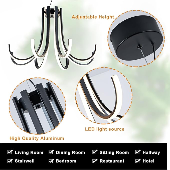 Mayful 8-Light Black Modern Chandelier with Remote Control, Dimmable LED Kitchen Island Light, 3-Color Adjustable Height Pendant for Dining Room Kitchen Office,64 Inch