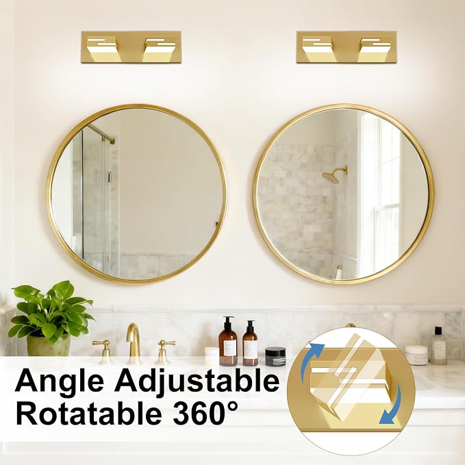 LED Modern Bathroom Vanity Light Fixtures, Dimmable Gold Vanity Lights for Bathroom Lighting Fixtures Over Mirror, with 360° Rotatable Heads 2-Light 16-inch (Cool White 6000K)
