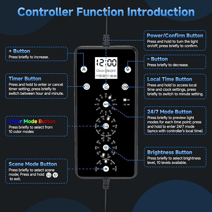 fishkeeper 24/7 Led Aquarium Light with Auto Time Sync, 48-55 Inch | Full Spectrum Aquarium Light with Auto On Off Timer, DIY 5 Weather Mode, 10 Colors, 10 Brightness for Plants, Memory Function