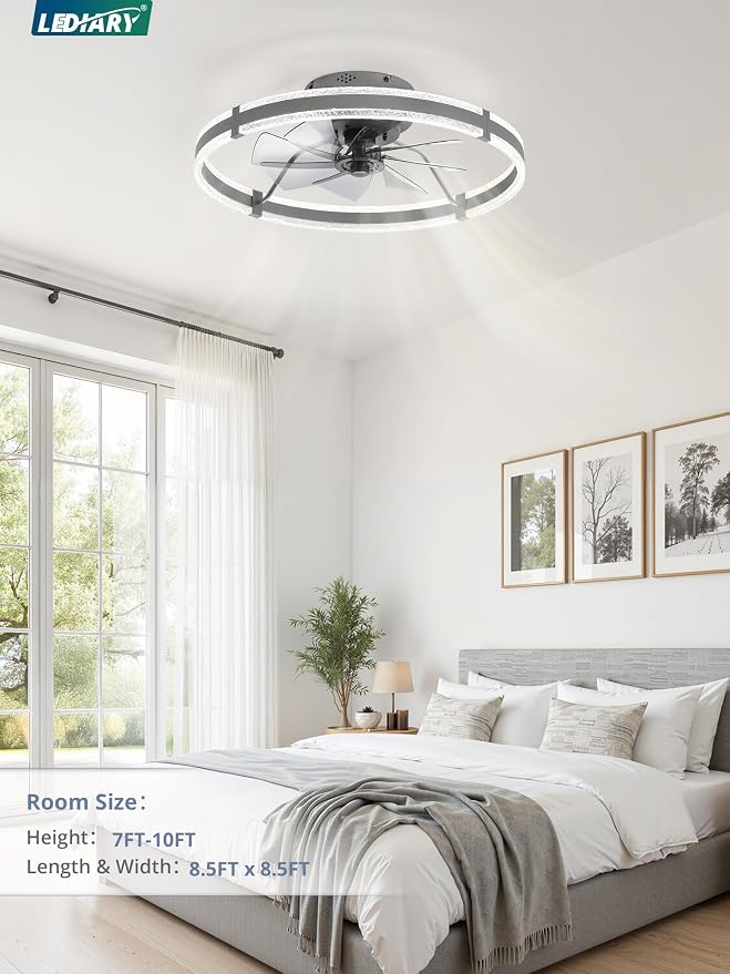 LEDIARY 24'' Modern Low Profile Ceiling Fans with Lights and Remote, Gray | 3000-6000K Dimmable LED, 6 Wind Speeds, Quiet Reversible DC Motor, Small Flush Mount Fandelier for Bedroom, Living Room