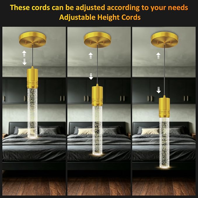Gold Pendant Lights Kitchen Island, Crystal Bubble Pendant Lights, Adjustable Modern Pendant Light Fixtures for Dining Living Room Bedroom 3 Pack
