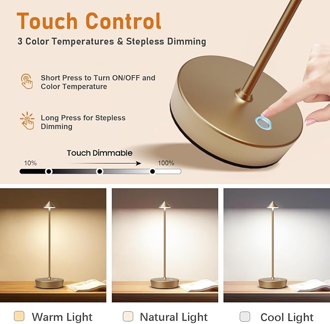 Cordless Rechargeable Led Table Lamp Battery Operated Light Bronze | 6000mAh Touch Desk Lamp 3 Color Dimming Portable Metal Outdoor Waterproof Light for Patio/Restaurant/Dining/Home