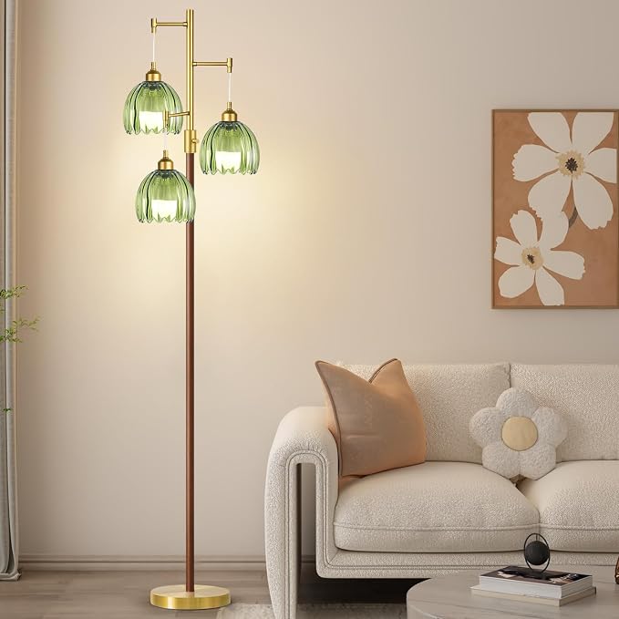 Wood Floor Lamps for Living Room Bedroom-3 Light Gold Floor Lamp with Glass Lampshape, Flower Tall Lamp Glass Mid Century Standing Lamp Vintage Tree Floor Lamp for Bedroom Corner