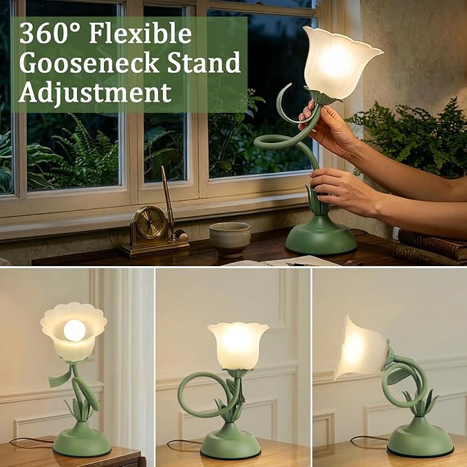 Tulip Flower Table Lamp, 3 Color Temperature Flexible Gooseneck Cute Small Desk Lamp for Bedroom, Vintage Nightstand Bedside Lamps for Living Room, Dorm, Office, Home Decor (Tulip Green)