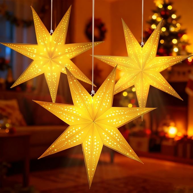 Large Paper Star Lanterns with Lights, 3D 7 Pointed Christmas Paper Lanterns, 3Pcs Foldable Decorative Christmas Hanging Decorations for Xmas Wedding New Year Party Home Decor Indoor, 24/18 Inch
