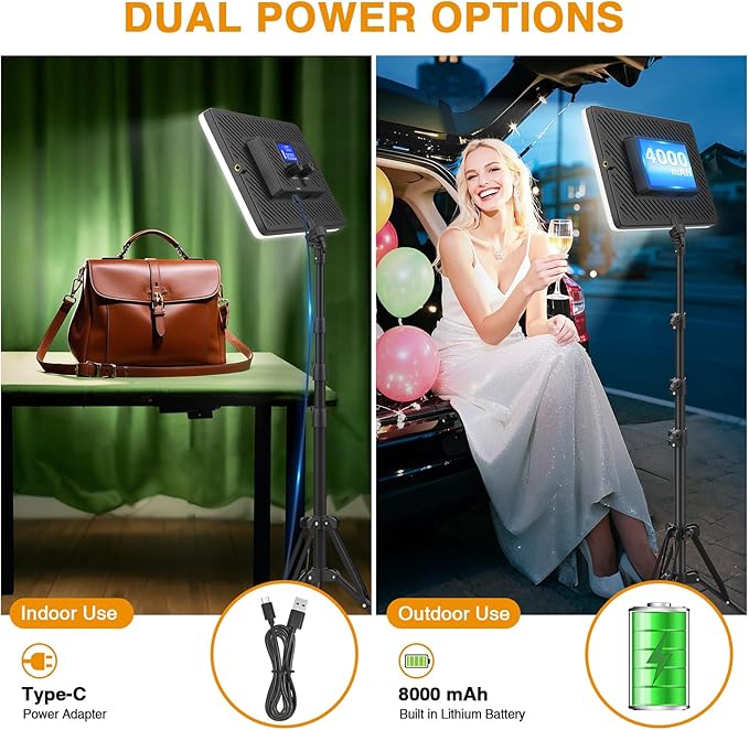 2 Pack Led Video Light Kit with Stand, Kmasic Photography Light Panel Built-in 8000mAh & LCD Display, 2200Lux 2500K-8500K Soft Studio Light for Video Recording Game Live Streaming YouTube TikTok
