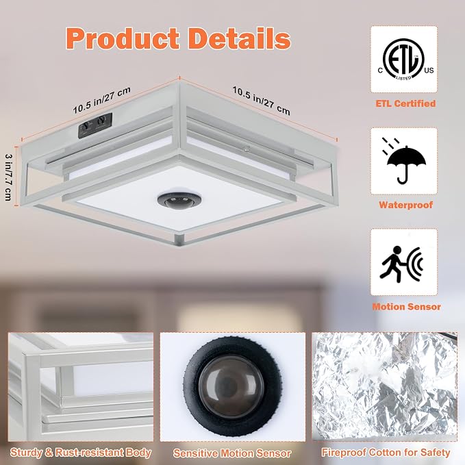 Gray Motion Sensor LED Outdoor Ceiling Light 10.5" Square Dusk to Dawn | Flush Mount, Built-in LED, Color Changing, Energy Saving, Waterproof, Bug Resistant, for Exterior Porch Garage Entryway Patio
