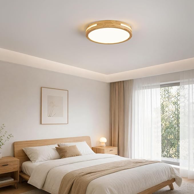 Pevfah Modern Wood Flush Mount Ceiling Light, Round Dimmable Close to Ceiling Lighting Fixtures, Minimalist LED Ceiling Lamp for Bedroom, Kitchen, Hallway, Laundry Room, 2700K-6000K 5CCT, 11.81in