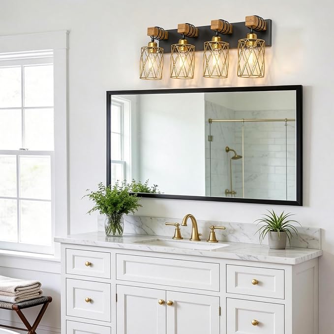 IZORRO Farmhouse Bathroom Vanity Light, 4-Light Wood Bathroom Light Fixtures Over Mirror, Black and Gold Industrial Vanity Lights with Metal Shade, Rustic Restroom Lighting Fixtures