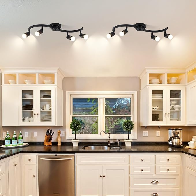 4 Light Track Lighting Fixtures,Kitchen Lighting Fixtures Ceiling with Rotatable Light Head,Black Ceiling Spotlight for Dining Room Living Room Bedroom.