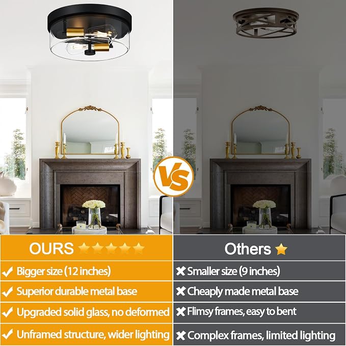 szzgco Flush Mount Ceiling Light Fixtures, 2-Light Black and Gold Ceiling Mount for Farmhouse with Clear Glass Lampshade, Industrial Flush Mount Light Fixture for Hallway, Kitchen, Entryway and Foyer