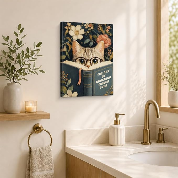 NSFBESSLIA Funny Reading Cat Painting, Whimsical Vintage Cat Decor, The Art Of Knocking Things Over, Humorous Wall Art for Living Room Bedroom Entryway, 8x10 Inch