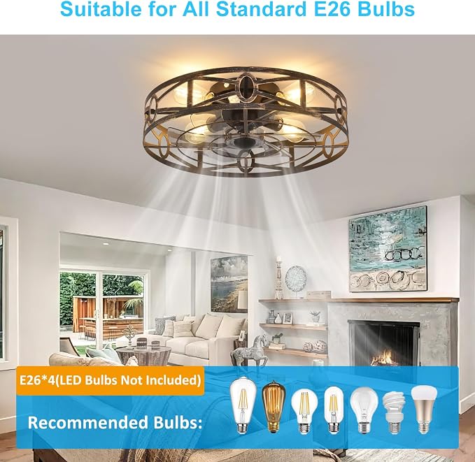 Depuley Flush Mount Ceiling Fan: 20" Caged Ceiling Fans with Remote Control for Patio Kitchen Bedroom - Low Profile Fandelier Lights Fixture Reversible 6 Speed Timer Brone 4*E26 Bulb Not Included