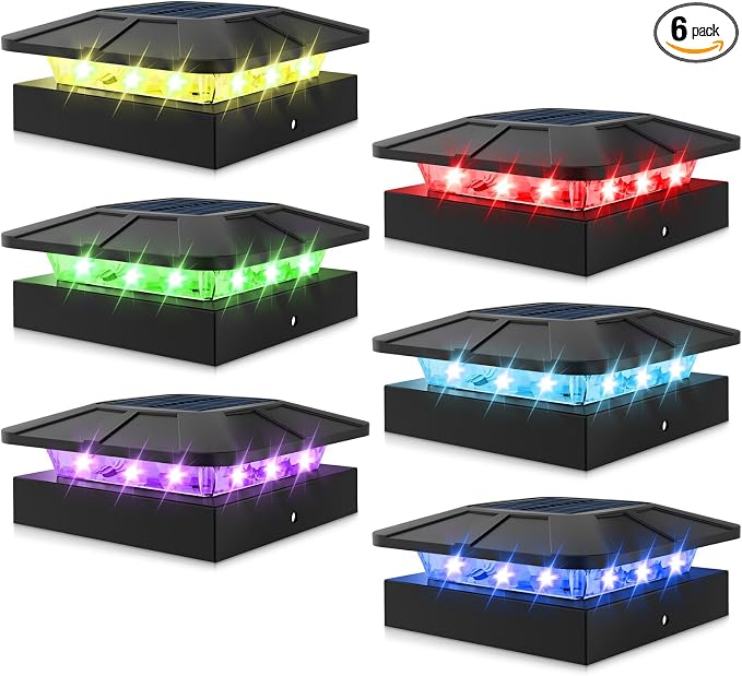 6 Packs 4x4 Post Solar Lights RGB Color Changing | Solar Cap Lights for 4×4/3.5×3.5 Wood/Vinyl Posts, Waterproof Post Top Lighting Outdoor for Fence Deck Mailbox Porch Railing