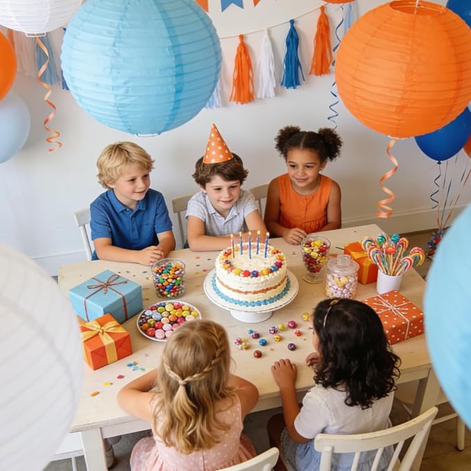 Blue & Orange Paper Lanterns Set (12 Pcs) - 6/8/10 Inch Hanging Lanterns for Cartoon Parties, Sports Events, Birthdays & Home Decor