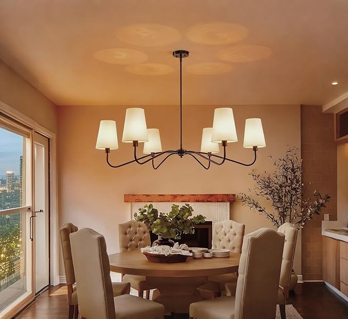 47'' Modern Chandelier with Shades, Farmhouse Chandeliers for Dining Room Light Fixture, 6-Light Large Black Chandelier, Height Adjustable Traditional Chandeliers for Living Room Kitchen E12 Base