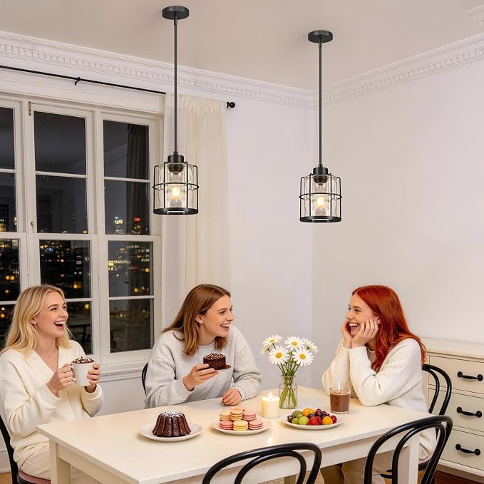Black Pendant Lights Kitchen Island, Modern Pendant Light Fixtures Set of 2 with Hammered Glass, Industrial Hanging Pendant Lights for Kitchen Island Dining Room Bedroom Entryway,90° Angle Compatible