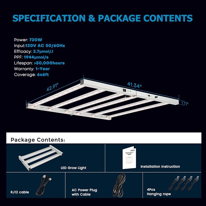 720W LED Grow Lights for Indoor Plants, Full Spectrum Foldable Growing Lamp, 6x6ft Coverage, 6 Bar Diodes Dimmable Daisy Chain Bar Style Grow Light for Indoor Growing