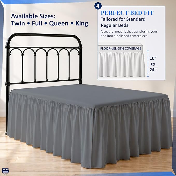 Ruffled Bed Skirt with Split Corners-Dust Ruffle - 18" Drop 100% Microfiber Soft,Sheen & Luxurious Look - Bed Skirts (Dark Grey -King)