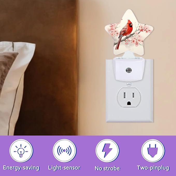 Cardinal Bird Night Lights Plug Into Wall,Spring Peach Blossoom Flowers Dusk to Dawn Light Sensor Night Light for Kids, Energy Efficient Sleep Friendly Lamp for Bedroom Bathroom Nursery