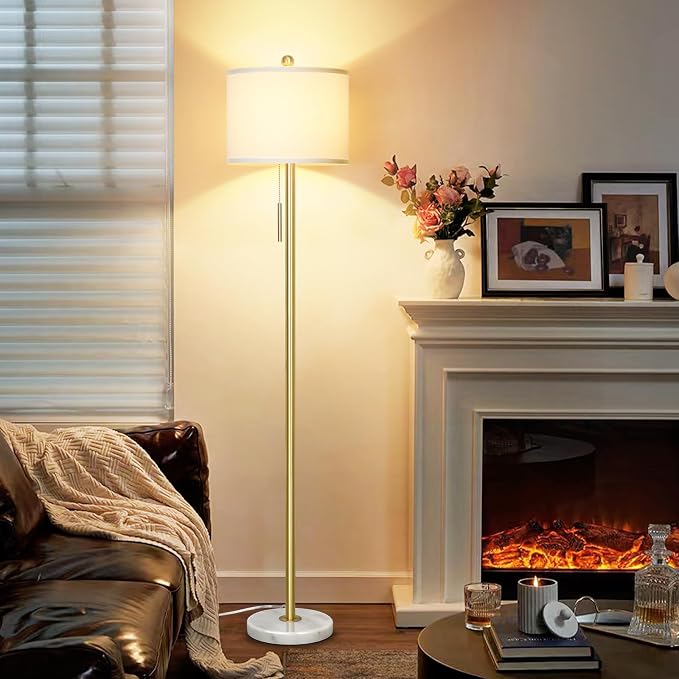 Qingmiao 【Upgraded】 Dimmable Gold Floor Lamps for Living Room, 63in Modern Standing Lamp with Marble Base, Tall Pole Light with White Linen Shade for Bedroom Reading Office Corner