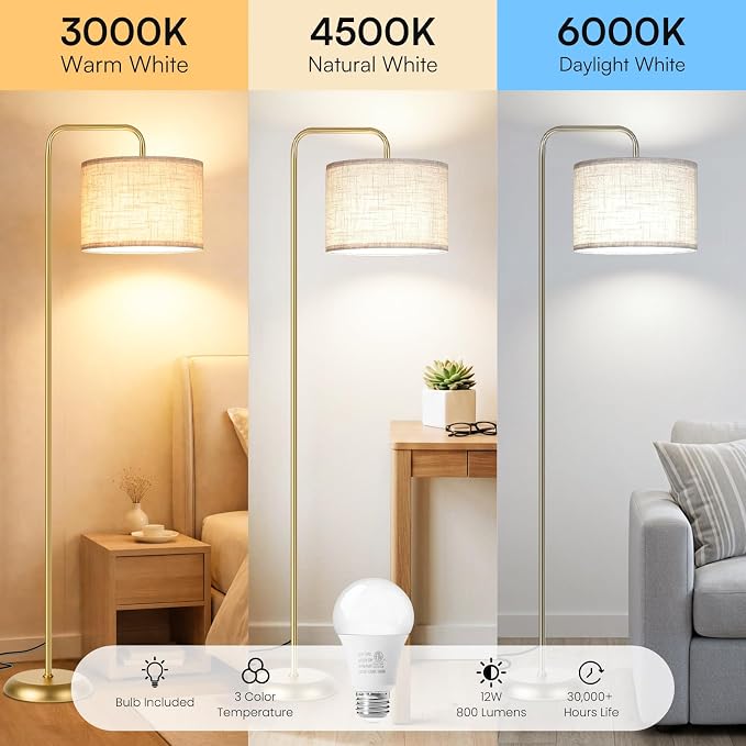 TJOY Floor Lamp, Golden Standing Floor Lamp for Living Room with 3 CCT Bulb | 3 Color Temperatures 12W Bulb included, Metal Lamp with Extended Arm, Lamp for Bedroom, Couch, Reading Nook, Office, Golden
