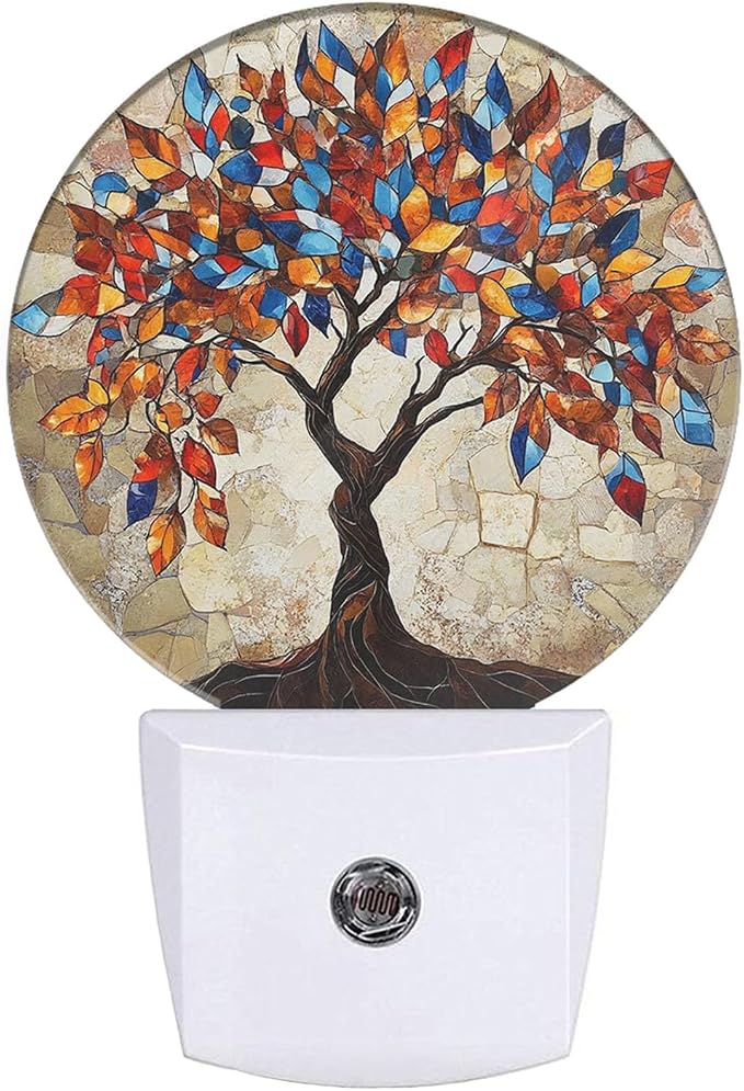 EKOBLA Abstract Tree with Colorful Leaves Night Light, Tree Art Painting Night Lights Plug Into Wall with Dusk to Dawn Auto Sensor for Men Women Bedroom Bathroom