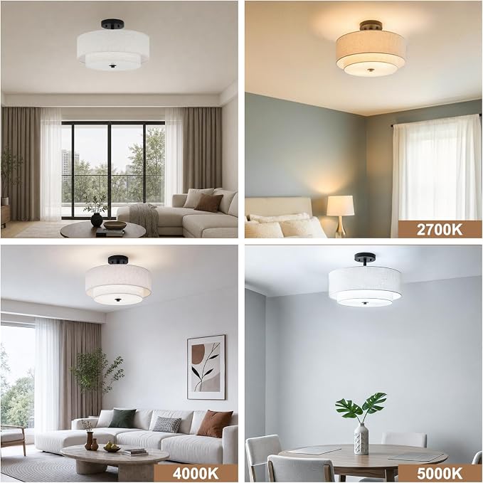 16" Semi Flush Mount Ceiling Light,3-Light,2-Layer Beige Linen Drum | Farmhouse Ceiling Light with Linen Fabric Shade,E26,Great for Living Room,Dining Rooms,Bedroom,Kitchen,Bulbs NOT Included