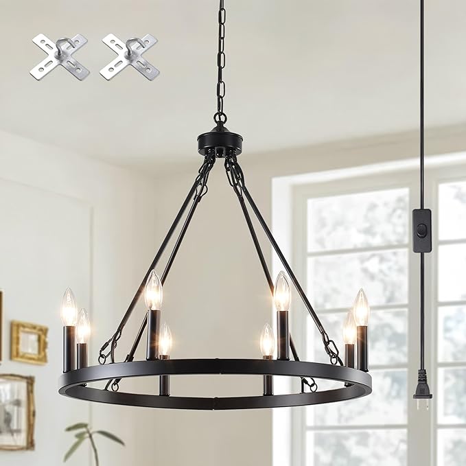 LASENCHOO Plug in Wagon Wheel Chandelier 8 Lights Dia 23.6" Black Round Farmhouse Chandeliers for Dining Room Light Fixture, Hanging Lights with Plug in Cord 16.4ft & Switch for Gazebo Hallway Foyer