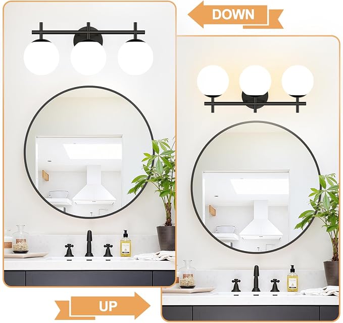 MOKATNG 3-Light Bathroom Light Fixtures with Milky White Glass, Matte Black | 19.3 inch Vanity Lights for Bathroom, Bathroom Lighting Over Mirror, Wall Sconce, Fits E12 bulbs(Bulb Not Included)