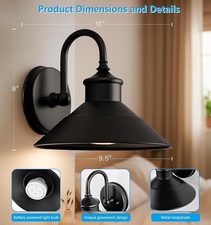 JOESA Battery Operated Wall Sconce Set of 2, Black Vintage Wireless Industrial Cordless Battery Powered Wall Sconces, for Bedroom Farmhouse Gallery