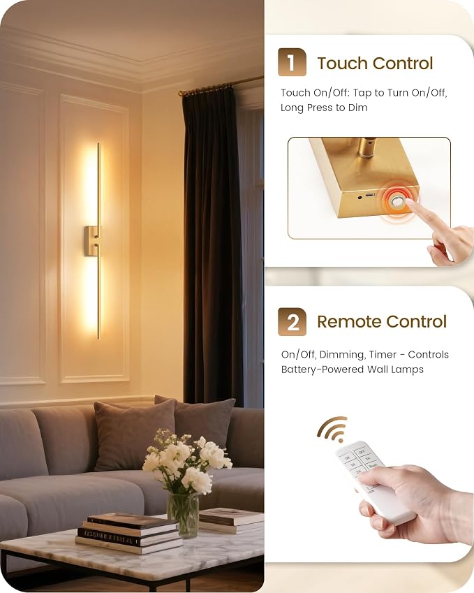 38.6" Wireless Battery Operated Wall Sconces Set of Two,Rechargeable Lamp with Remote, DIY Rotation, 10000mAh Battery, Touch Dimmable Lights for Living Room Hallway Bedroom, Gold D08YBP205