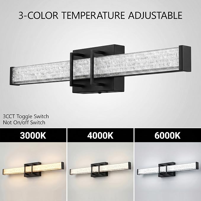 URSOLA 24" Modern LED Bathroom Light Fixtures, Matte Black 3CCT Dimmable Bathroom Vanity Light Over Mirror, Bathroom Vanity Bath Bar Lights with Crystal Acrylic Shade
