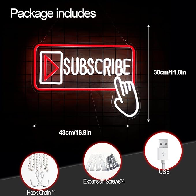 Subscribe Neon Sign, Stylish Play Button & Cursor Wall Light | 30x43cm, Red & White LED, Easy Hanging Kit Included, For Streamers/Gamers, Content Creator Rooms/Home Office Decor