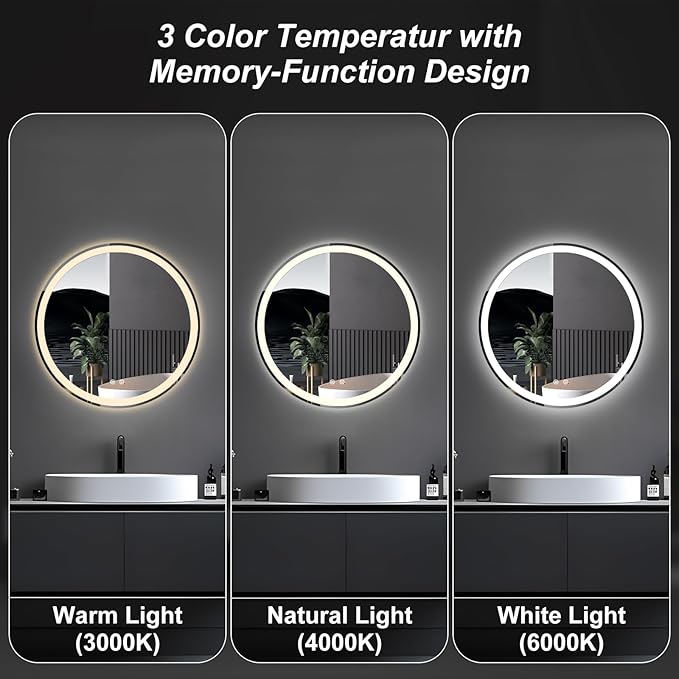 Sweetcrispy 24 Inch Round LED Mirror for Bathroom with Lights, Circle Vanity Mirror with Anti-Fog, Dimmable, 3-Color Light, Memory Function, Tempered Glass