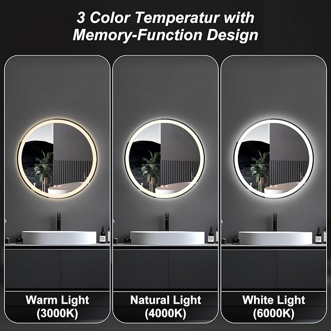 Sweetcrispy 28 Inch Round LED Mirror for Bathroom with Lights, Circle Vanity Mirror with Anti-Fog, Dimmable, 3-Color Light, Memory Function, Tempered Glass