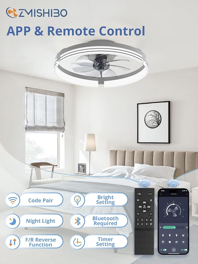 ZMISHIBO Low Profile Ceiling Fans with Lights and Remote, 20" Grey | 3000K-6000K Dimmable Fandelier LED, Flush Mount, 6 Wind Speeds, Reversible, Timer, Bedroom, Living Room, Kitchen, Kids Room
