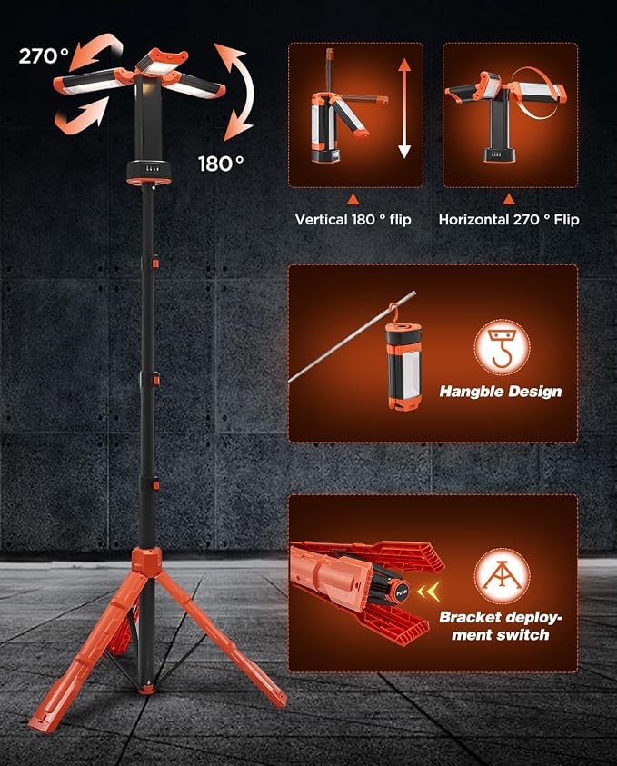 Saker Portable Camping Light with Stand 12000mAh 73.2" Work Light LD10 | 3200 Lumen,with Bag, Adjustable Height,Rechargeable,4 Lighting Modes, for Garage, Outdoor, Emergency Power Outages, Fishing