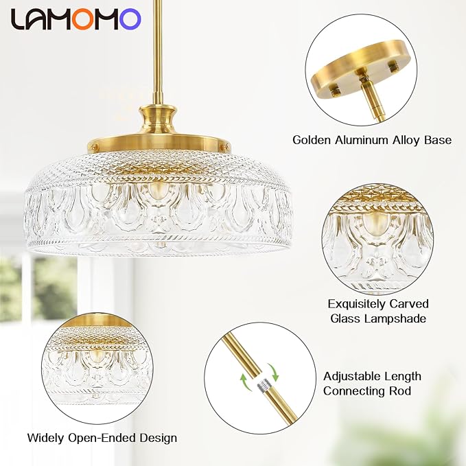 Lamomo 3-Light Adjustable Pendant Lights Kitchen Island, 12in Brushed Gold | Modern Clear Glass Ceiling Mount Hanging Lighting Fixture, Vintage Brass Drop Lights for Bathroom Hallway Bedroom Dining Room
