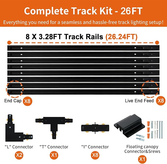 26FT H Track Lighting Rail Kit, Black 120V H Type Track Rail System | Includes Floating Canopy Connector, I/L/T Connectors, End Caps and Live End Feed. Compatible with H style 3-wire Track Heads