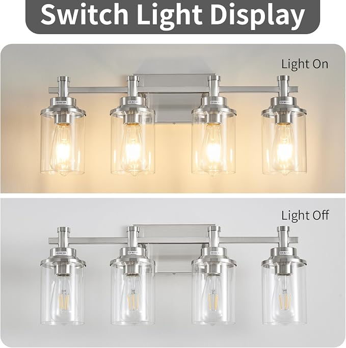 Brushed Nickel 4-Light Bathroom Vanity Light Fixtures Over Mirror, Modern Wall Sconce with Clear Glass Shade for Hallway