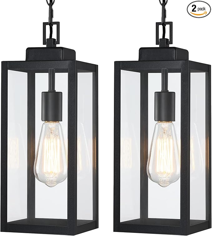 15'' Outdoor Pendant Light 2 Packs, Outside Chandelier Hanging Lantern | Large, Modern Outside Chandelier, Matte Black with Clear Glass, Exterior Pendant Lighting Fixture Ceiling Mount for Porch