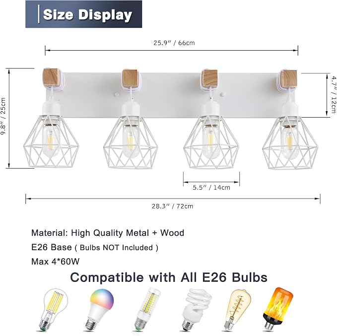 maesta 4 Light Bathroom Vanity Light, Farmhouse White Fixture Over Mirror | Farmhouse Bathroom Light Fixtures, Wood & Metal, Anti-Rust Easy to Install for Rustic Bathroom Hallway