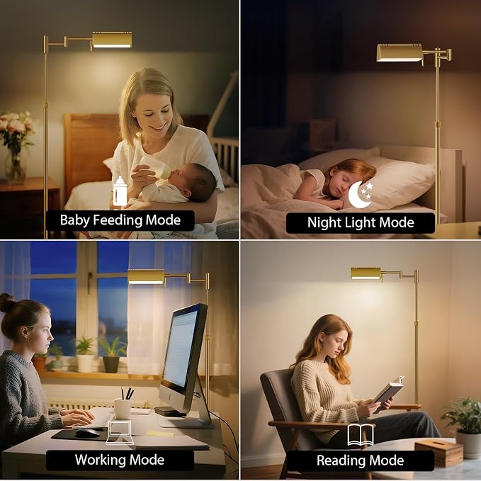 SUNMORY Dimmable LED Pharmacy Floor Lamps, 16W/1500LM Bright Reading Lamp | Remote Touch Control, 350°Swing Arm, Adjustable Height, Task Craft Tall Standing Light for Living Room Bedroom Office, Gold