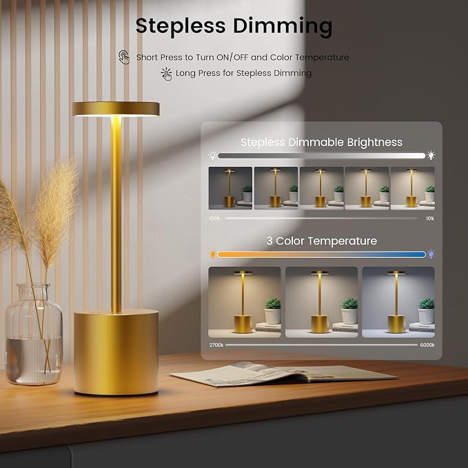 SAKRINGT Cordless Table Lamp Rechargeable, 5000mAh Battery Operated Portable Table Light,Dimming LED Table Lamp for Restaurant/Patio/Outdoor(Gold) | SAKRINGT 3 Color Stepless Dimming,72Hrs Long Lasting Battery Operated,Portable Waterproof Touch for Pat...